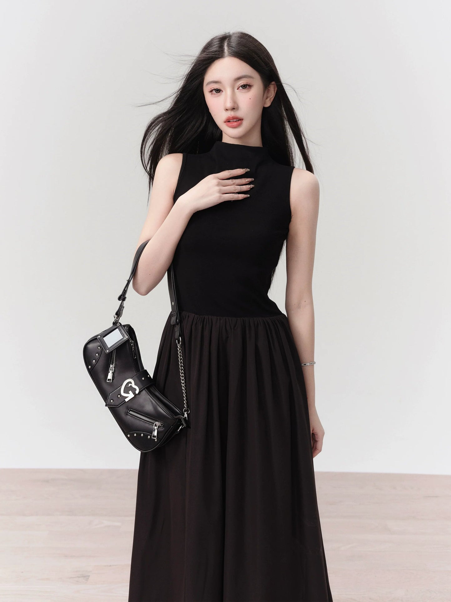 Gothic High-neck Cross Embellished Maxi Dress