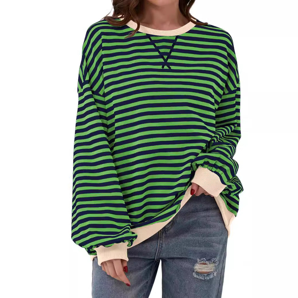 Striped Round Neck Loose Long-sleeved Sweatshirt