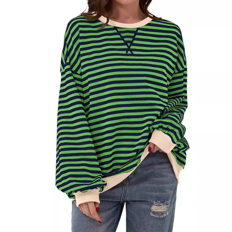 Striped Round Neck Loose Long-sleeved Sweatshirt