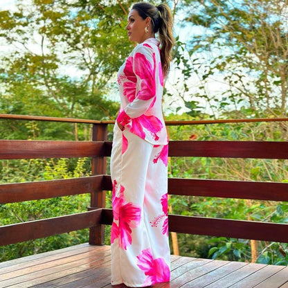 Suit Printed Shirt Spring Autumn Wide Leg Pants Two Piece Suit