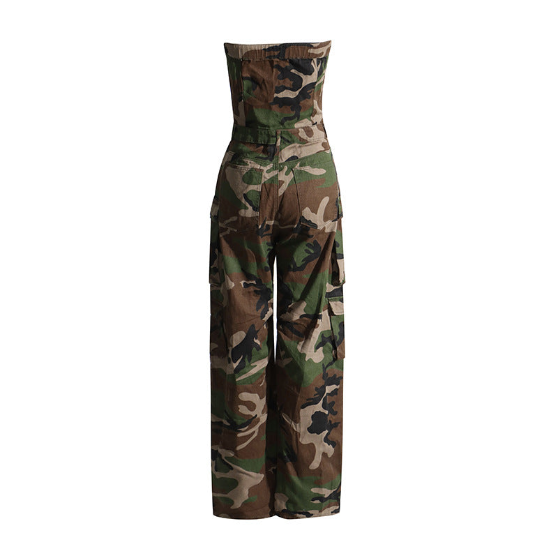 Personalized Fashionable Camouflage Pattern Jumpsuit Bandeau Slim Fit Slimming Work Clothes Pants