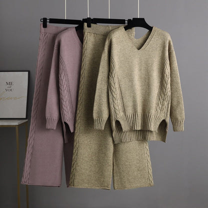 Knitted Wide Leg Pants Sweater Suit for Autumn Korean Loose Thick Twet