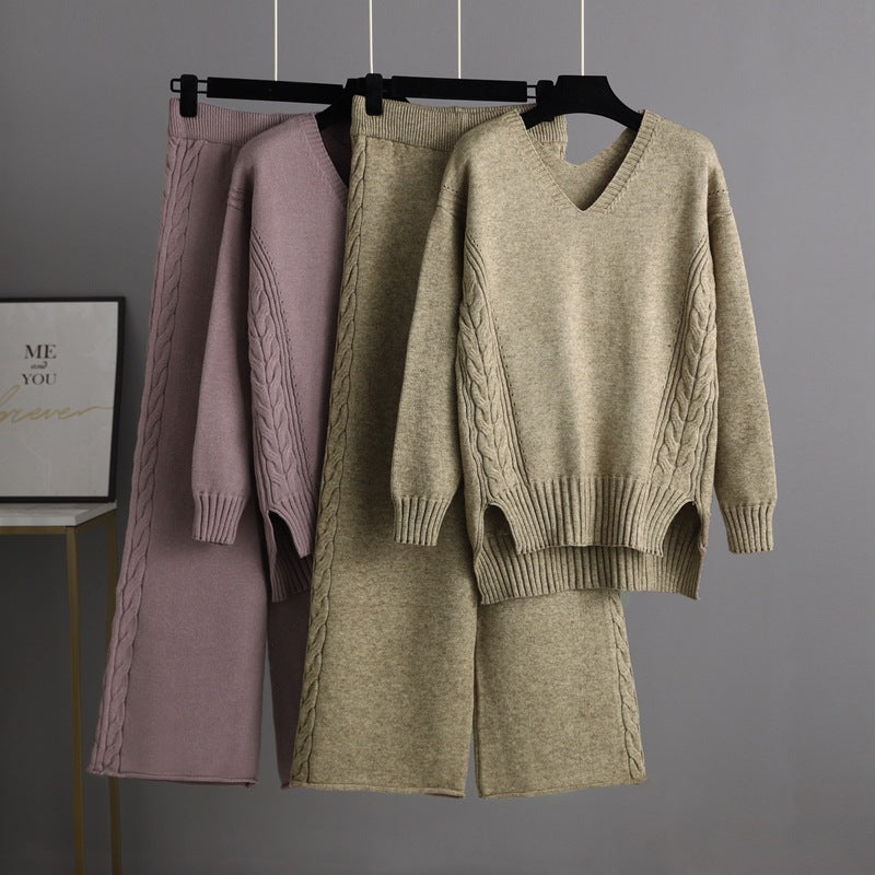 Knitted Wide Leg Pants Sweater Suit for Autumn Korean Loose Thick Twet