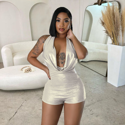Spring Summer Halter Backless Cutout Tight Metal Feeling Jumpsuit