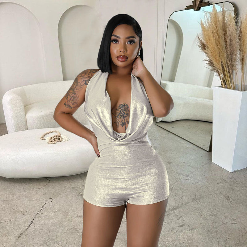 Spring Summer Halter Backless Cutout Tight Metal Feeling Jumpsuit