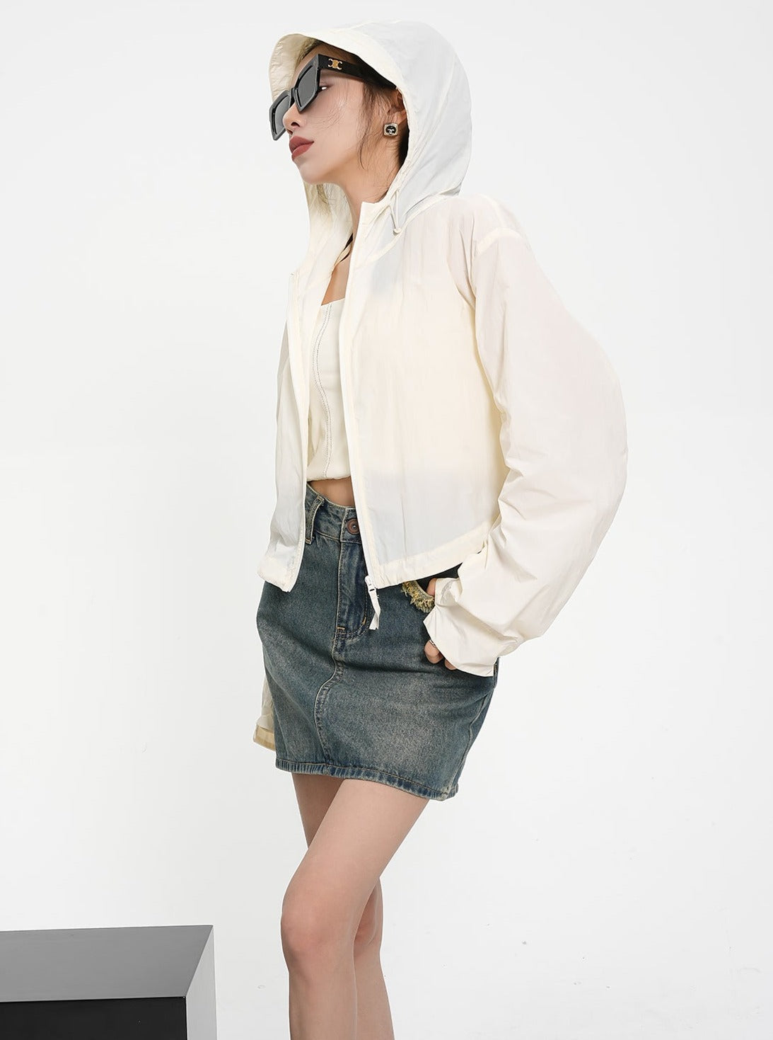 Textured Contrast Duo: Ivory Puff-sleeve Crop Blouse & Black Quilted Bomber Jacket Set