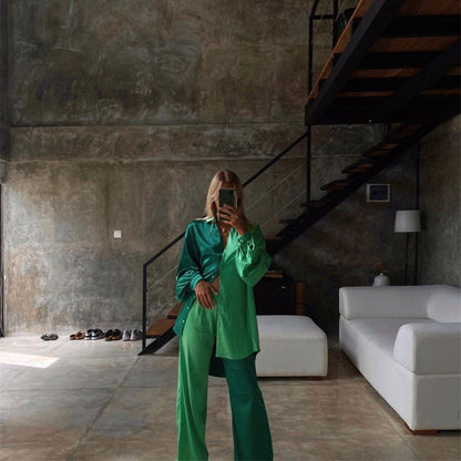 Spring Summer Satin Two Piece Set Colorblock Clothing Oversized Shirt Straight Pants Set