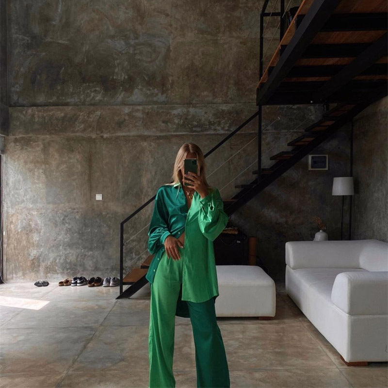 Spring Summer Satin Two Piece Set Colorblock Clothing Oversized Shirt Straight Pants Set