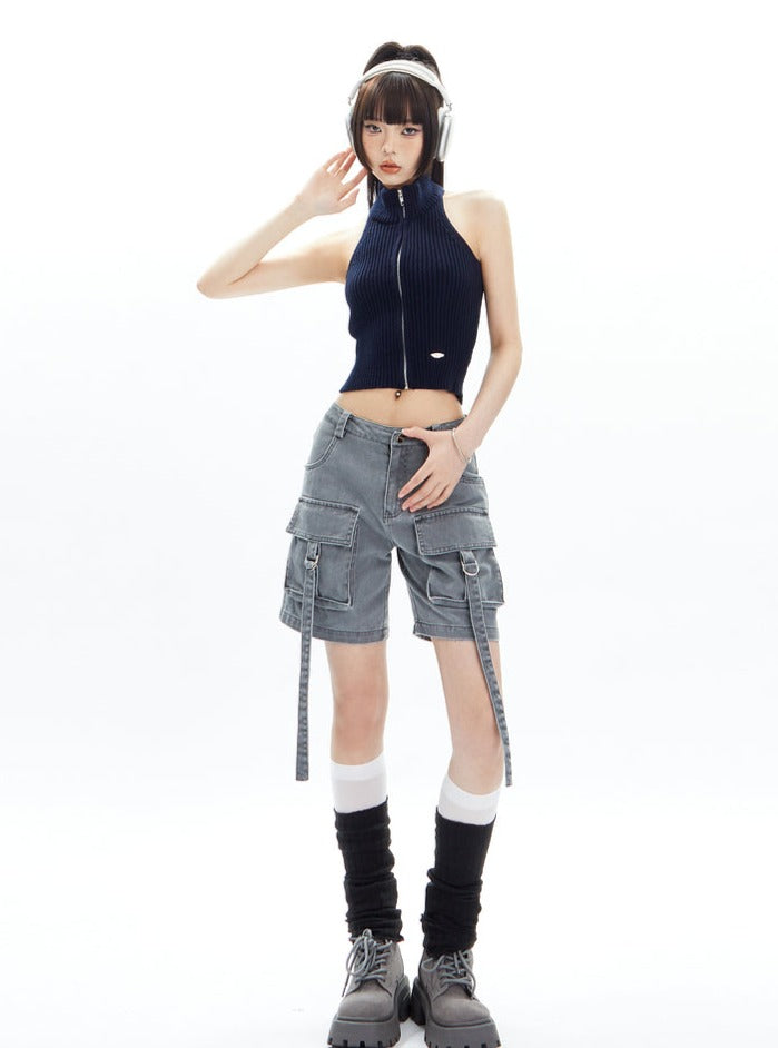 Black Cargo Shorts With Dangling Straps