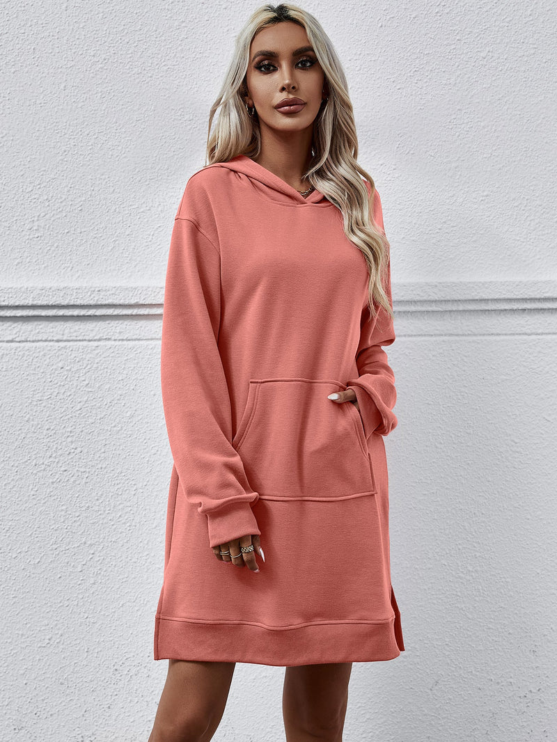 Autumn Winter Clothing Hooded Long Sleeve Kangaroo Pocket Split Long Sweater Dress