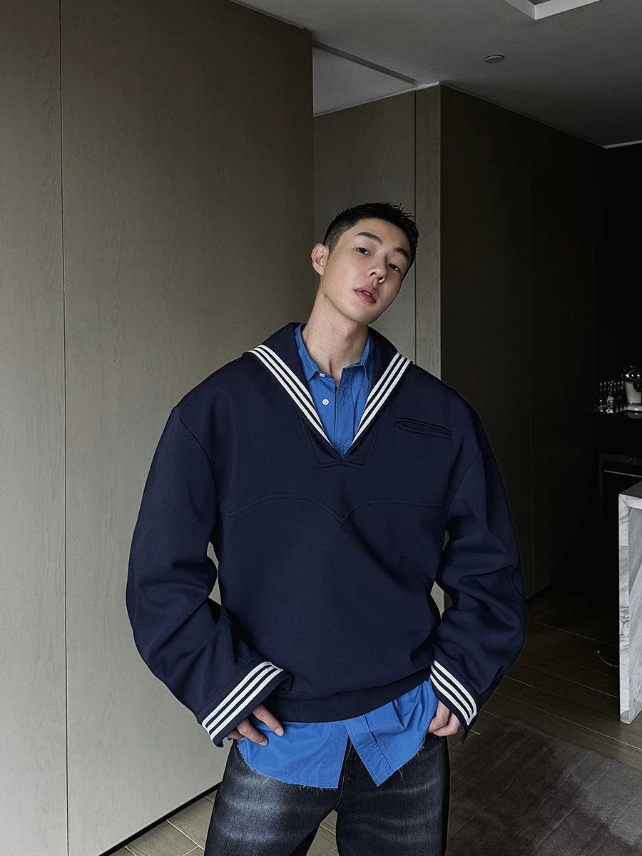 Weave Studio Navy Blue Sailor Collar Sweatshirt - Oversized Nautical V-neck Pullover