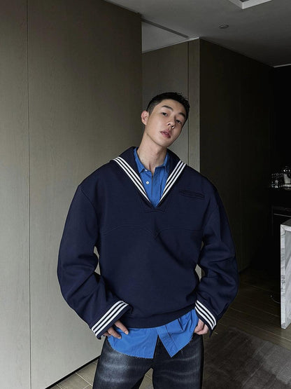 Weave Studio Navy Blue Sailor Collar Sweatshirt - Oversized Nautical V-neck Pullover
