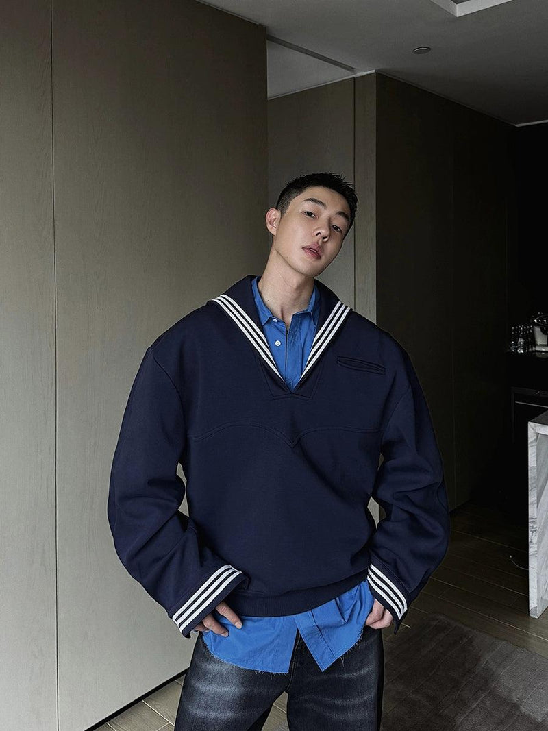 Weave Studio Navy Blue Sailor Collar Sweatshirt - Oversized Nautical V-neck Pullover