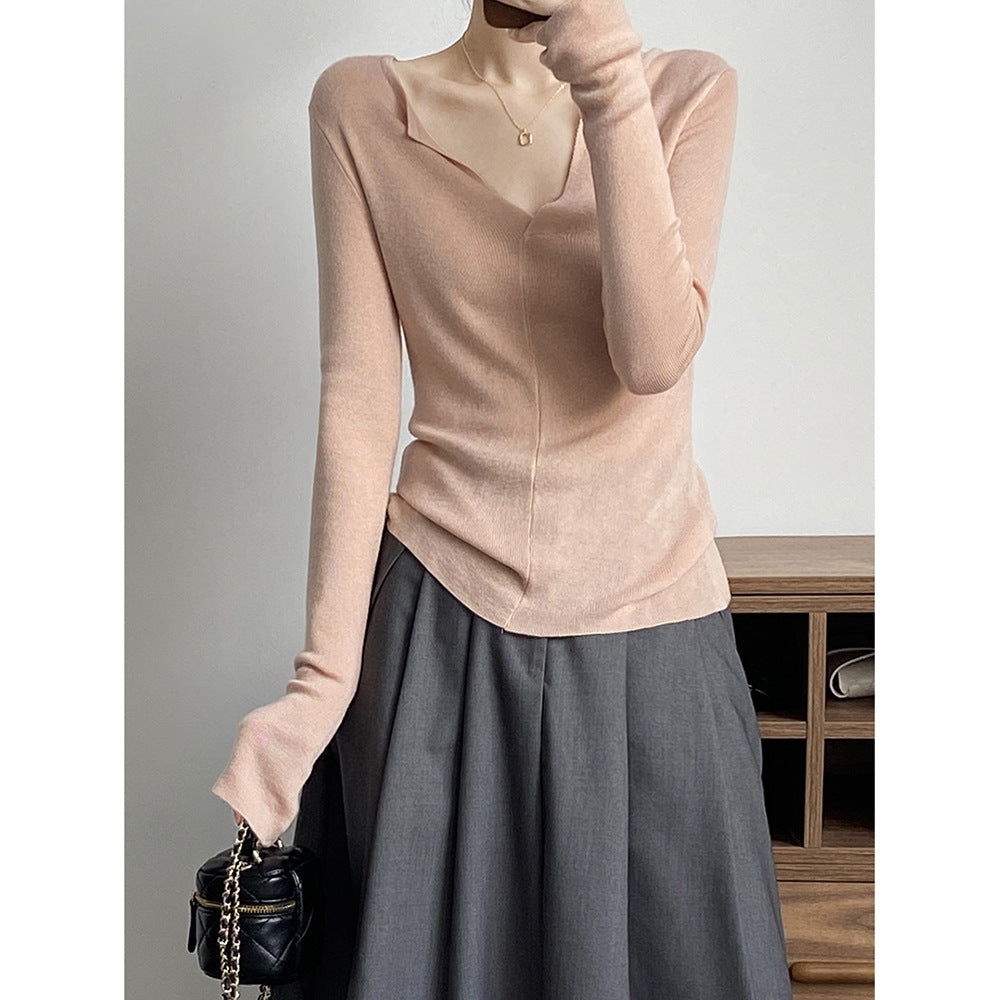 French V Neck Open Sweater Spring Inner Wear Slim Fit Long Sleeve Top