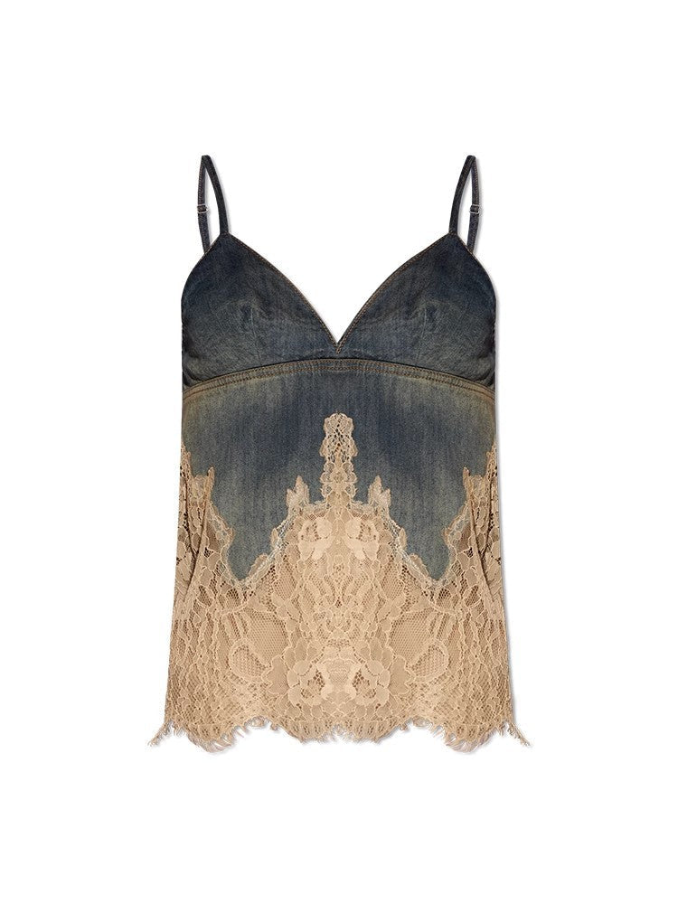 Personality Denim Two Piece Set Summer Drag Sister Lace Stitching Soft Surface Denim Suspender Shorts Sets