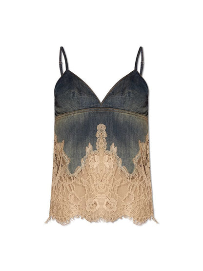 Personality Denim Two Piece Set Summer Drag Sister Lace Stitching Soft Surface Denim Suspender Shorts Sets