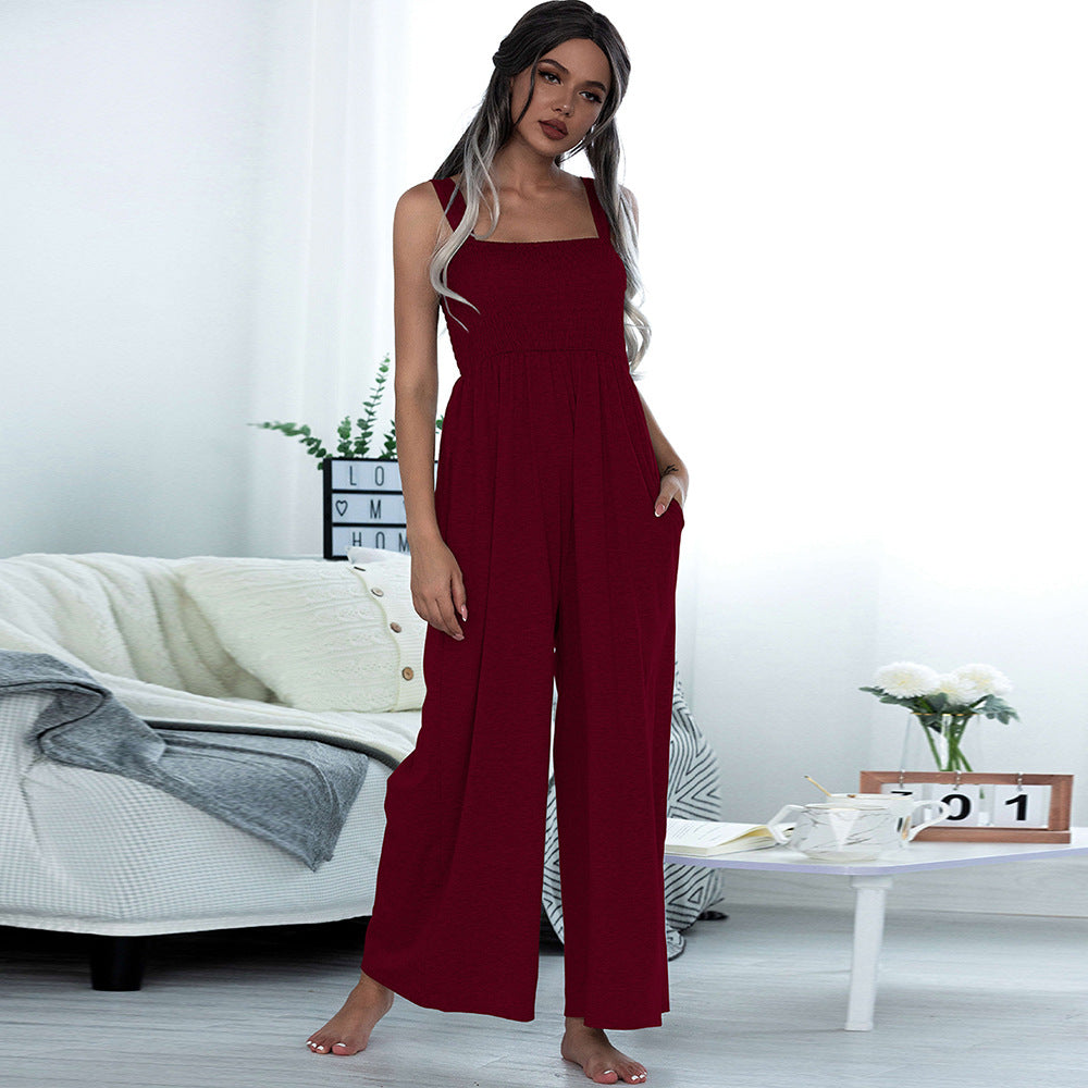 Summer Clothing Smocking Vest Sling Wide Leg Jumpsuit
