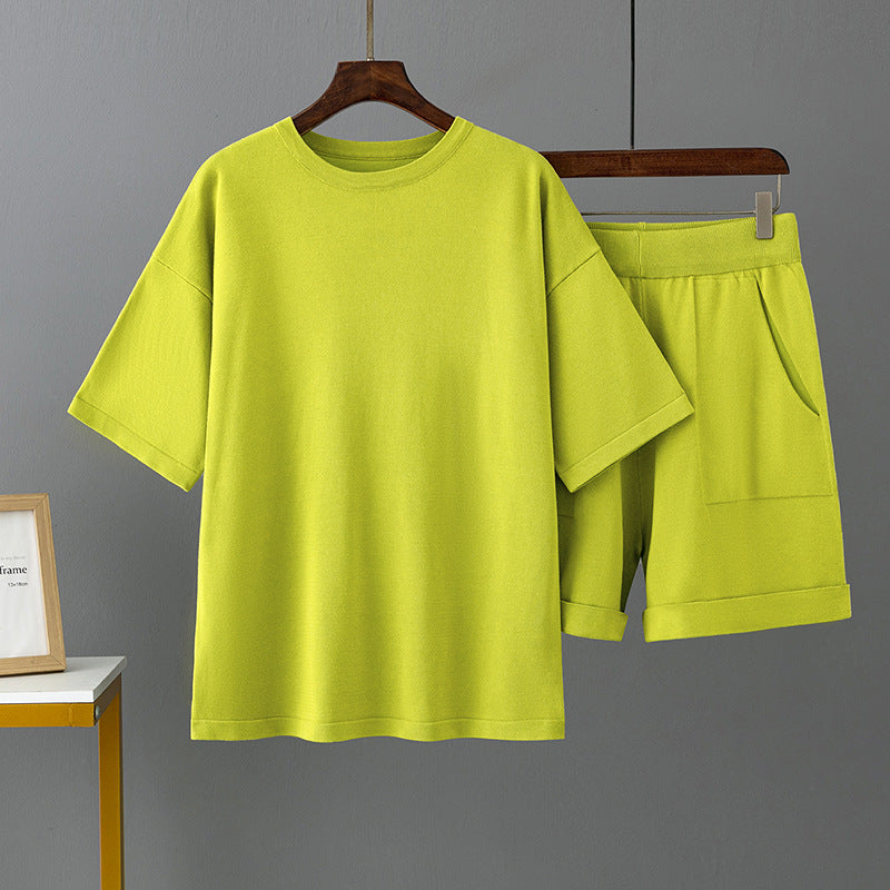 Color Round Neck Short Sleeve T Shirt Shorts Set Summer Loose Outer Wear Ice Silk Two Piece Suit
