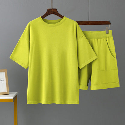 Color Round Neck Short Sleeve T Shirt Shorts Set Summer Loose Outer Wear Ice Silk Two Piece Suit