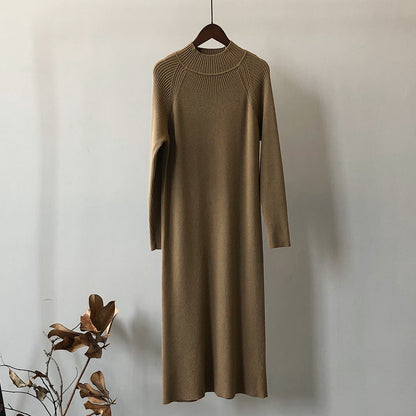 Knitted Dress Winter Half Turtleneck Bottoming Sweater Mid Length Overknee Dress