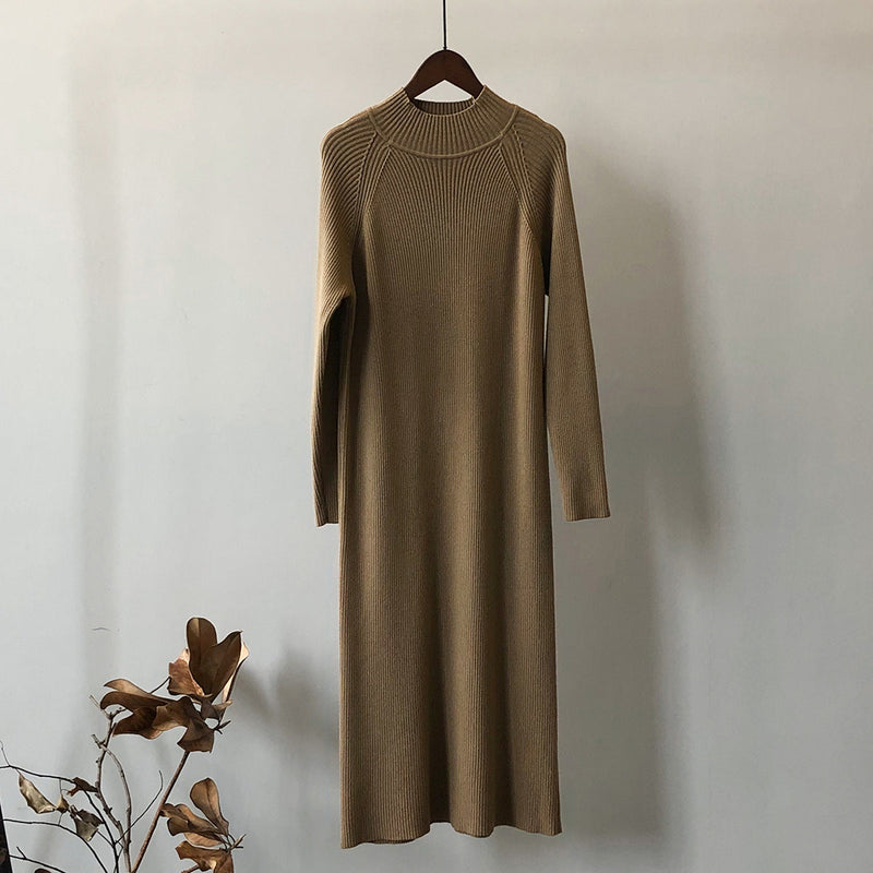 Knitted Dress Winter Half Turtleneck Bottoming Sweater Mid Length Overknee Dress