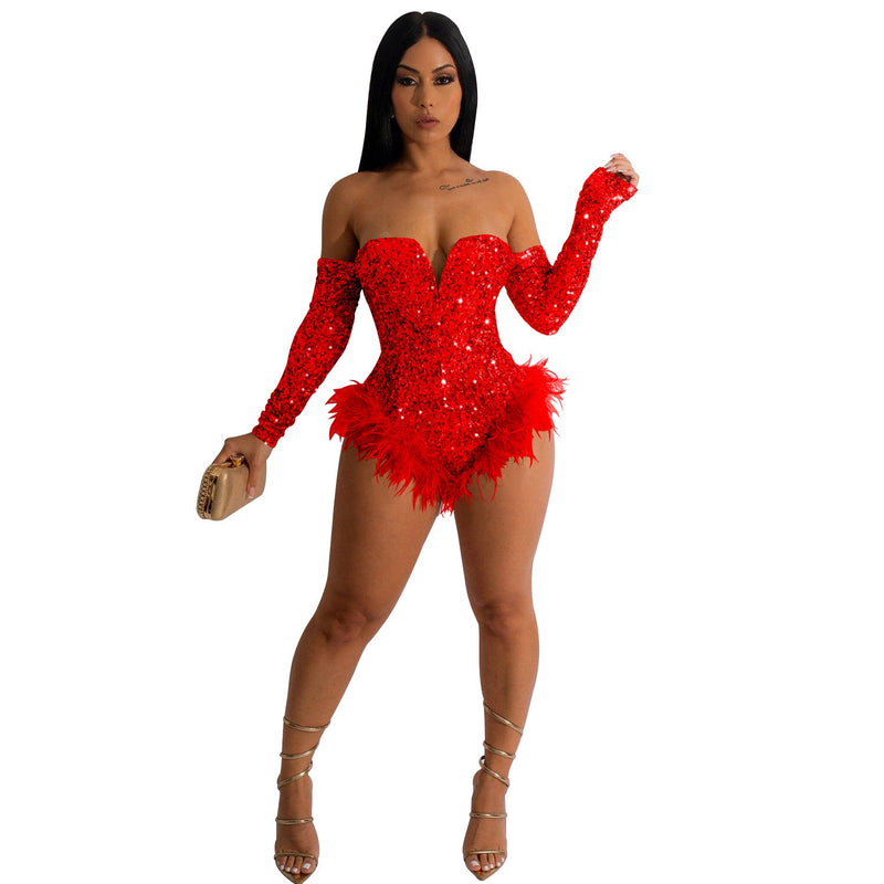 Wear Color Sequin Long Sleeve Shorts Jumpsuit