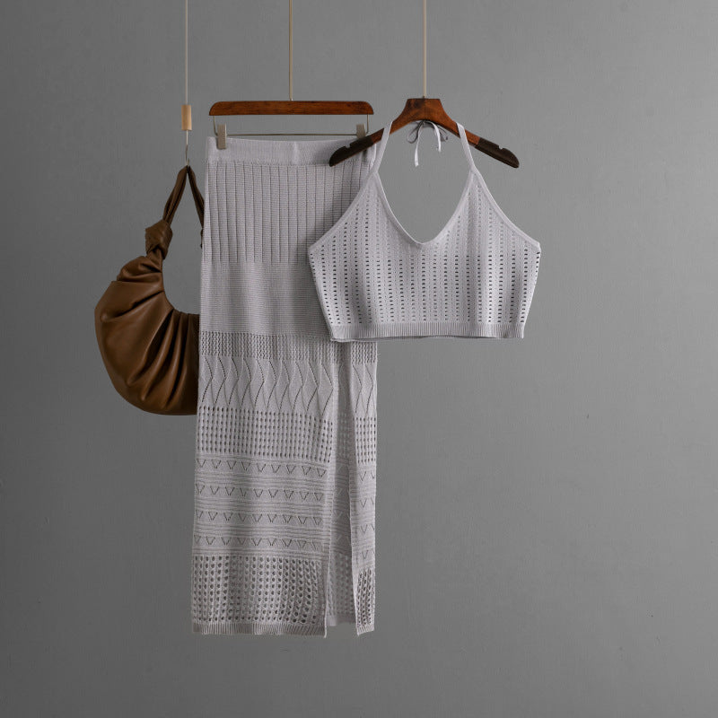 Clothes Short Summer Vest Top Two Piece High Waist Slimming Hollow Out Cutout Split Hip Skirt