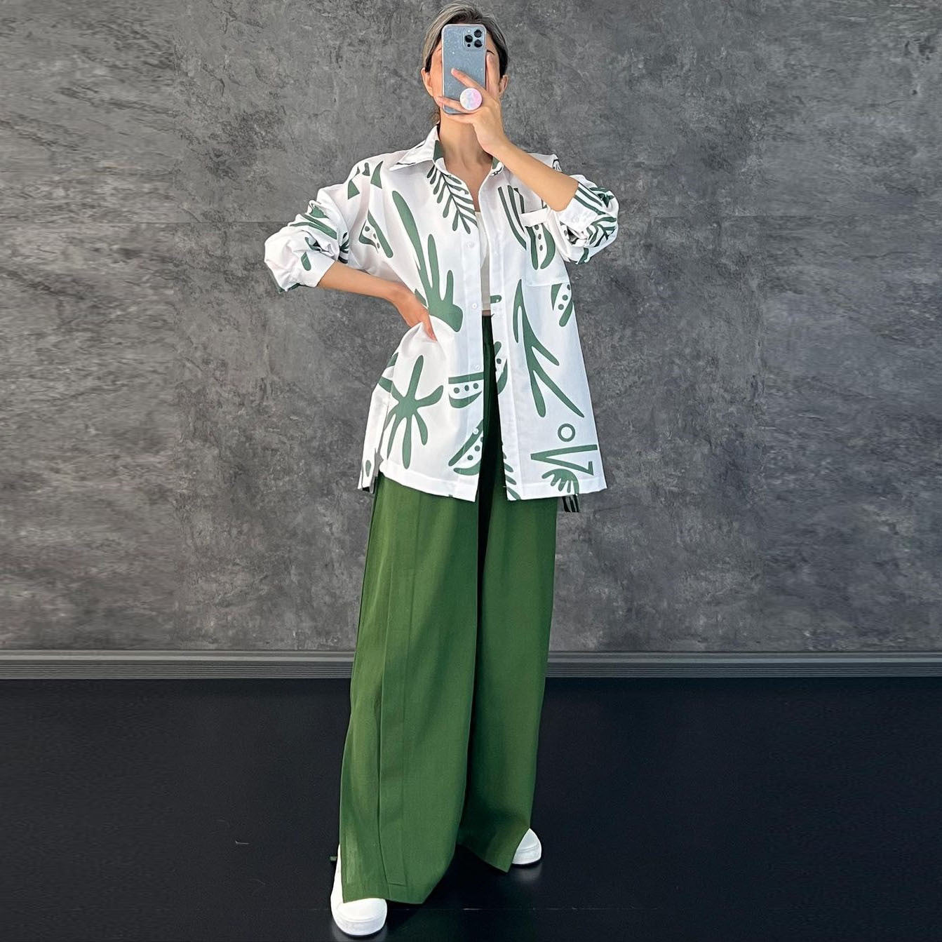 Clothing Long Sleeve Printed Shirt High Waist Slit Wide Leg Pants Set Amplified Craft