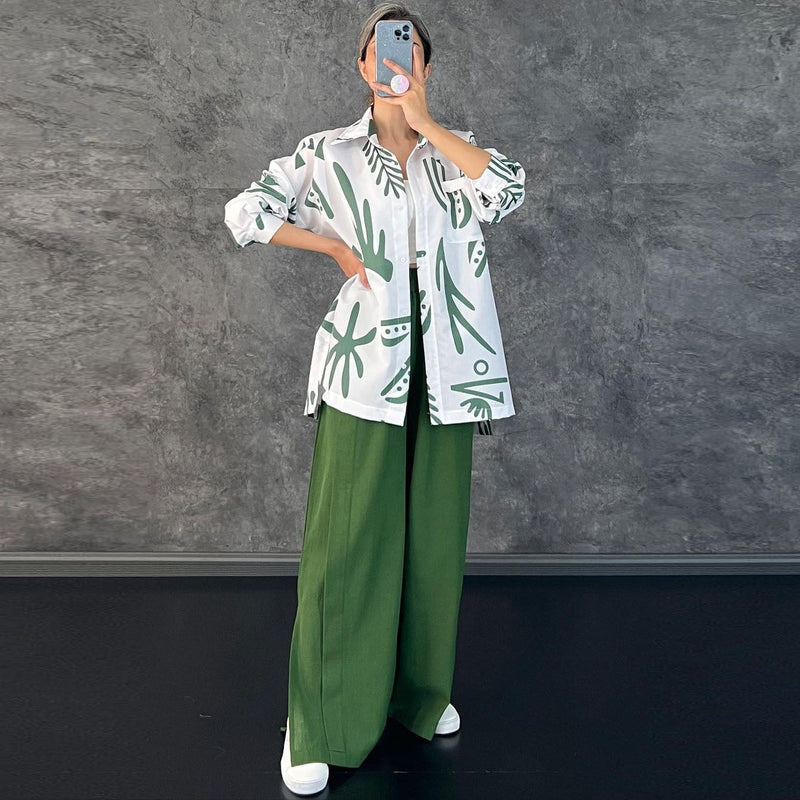 Clothing Long Sleeve Printed Shirt High Waist Slit Wide Leg Pants Set Amplified Craft