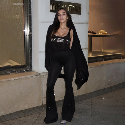 Summer Street Slim Fit Letters Rhinestone Vest Type Jumpsuit