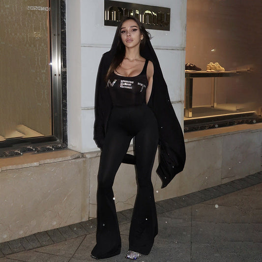 Summer Street Slim Fit Letters Rhinestone Vest Type Jumpsuit