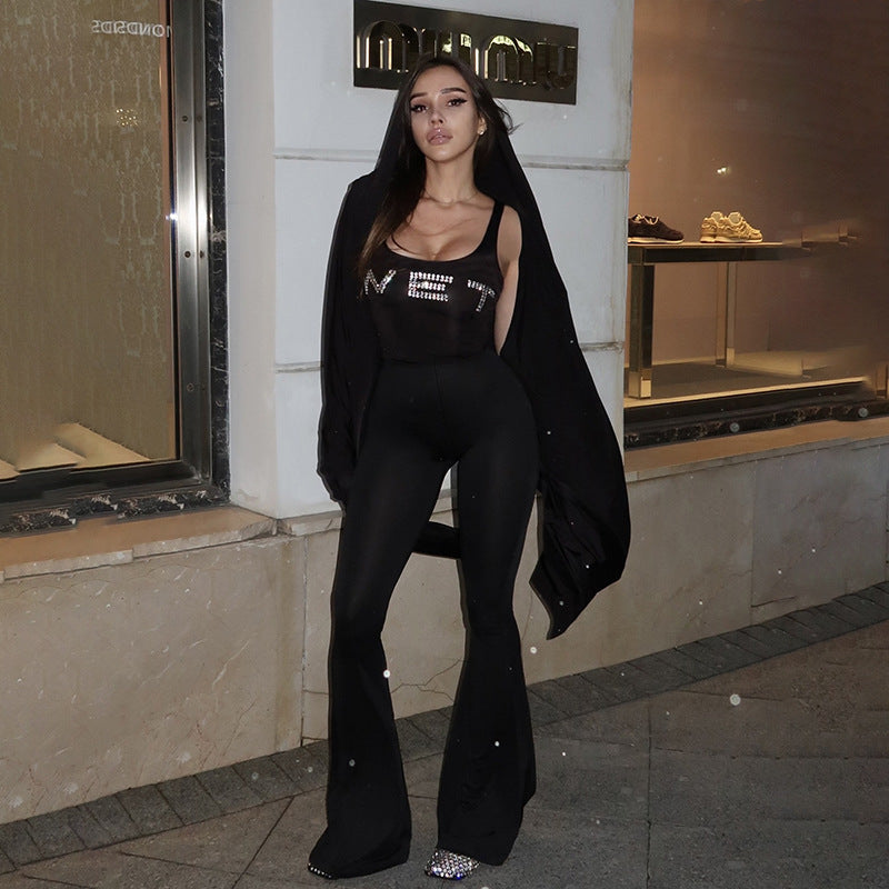 Summer Street Slim Fit Letters Rhinestone Vest Type Jumpsuit