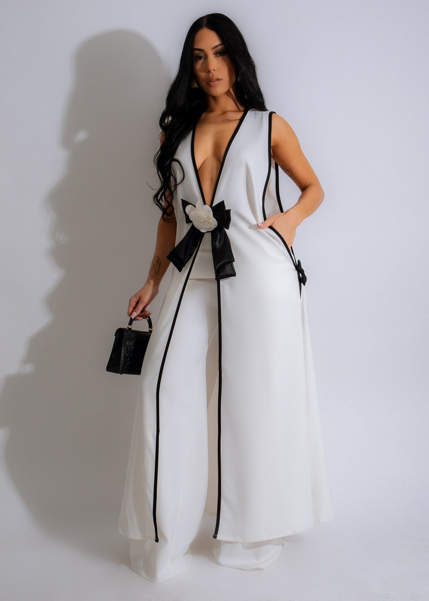 Camellia Bow Sleeveless Long Vest Wide Leg Pants Set