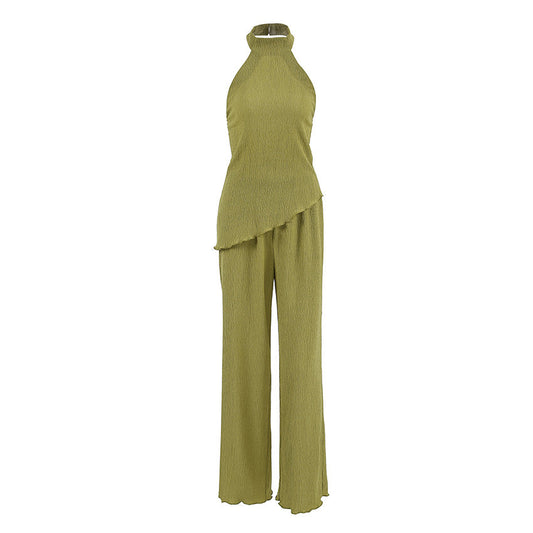 Spring Summer Design Green Sleeveless Halter Vest Wide Leg Pants Two Piece Set Office