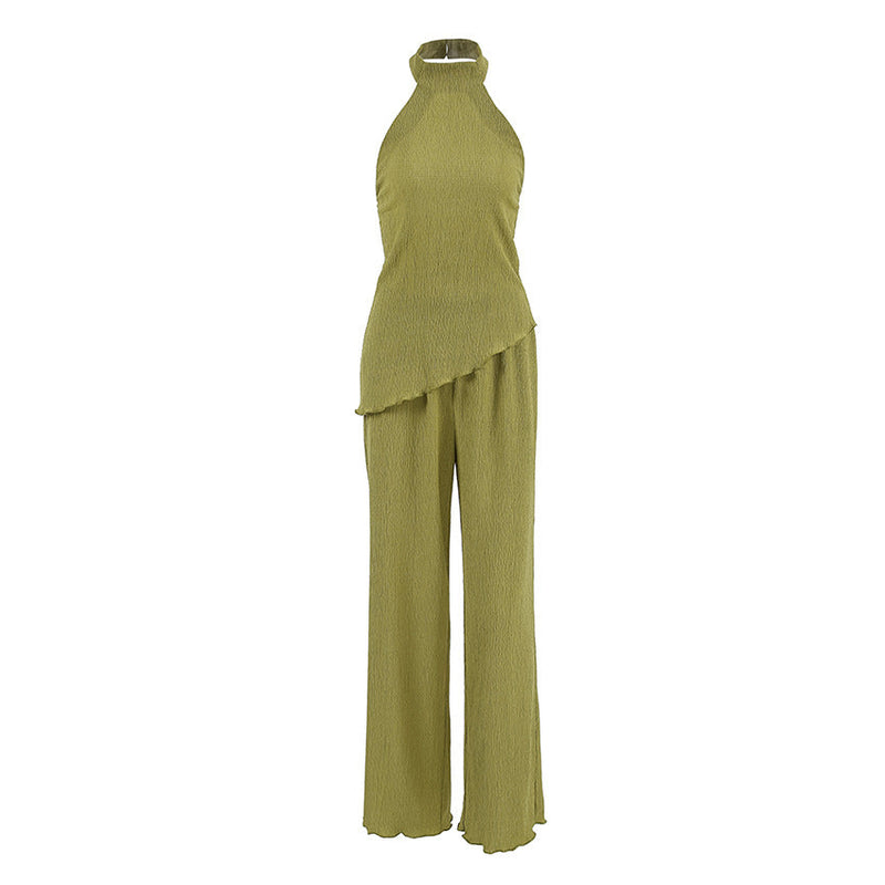 Spring Summer Design Green Sleeveless Halter Vest Wide Leg Pants Two Piece Set Office