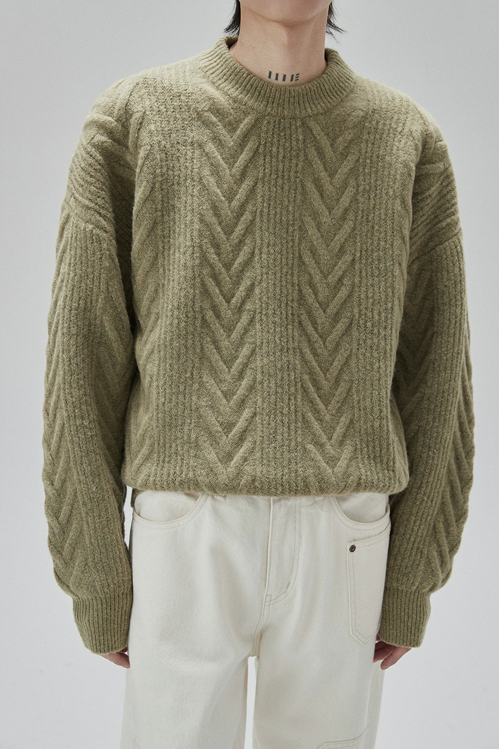Cream Cable Knit Sweater With Chevron Pattern