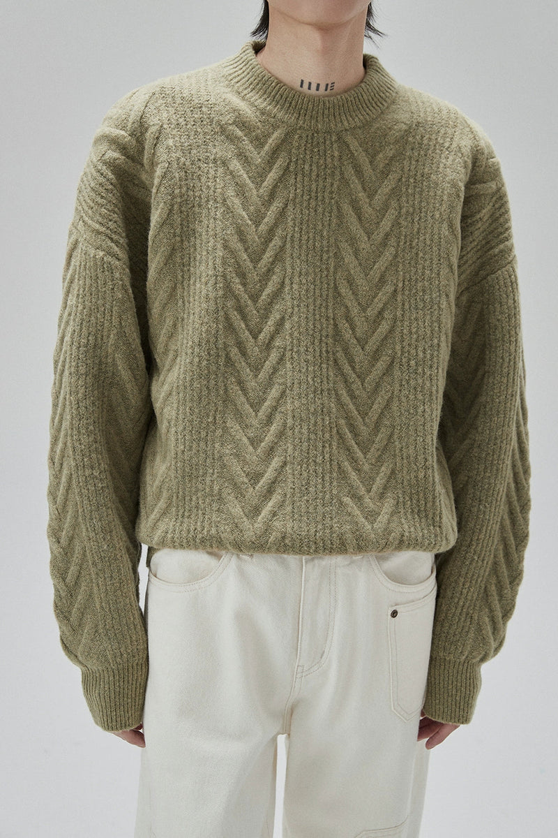 Cream Cable Knit Sweater With Chevron Pattern