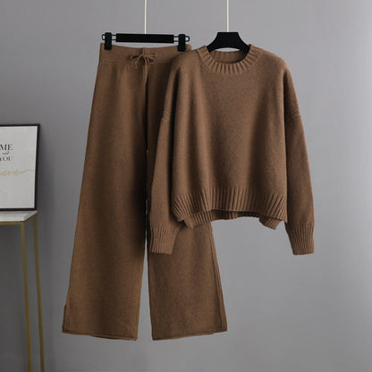 Autumn Winter Knitting Work Pant Korean Loose Sweater Wide Leg Pants Pants Two Piece Set