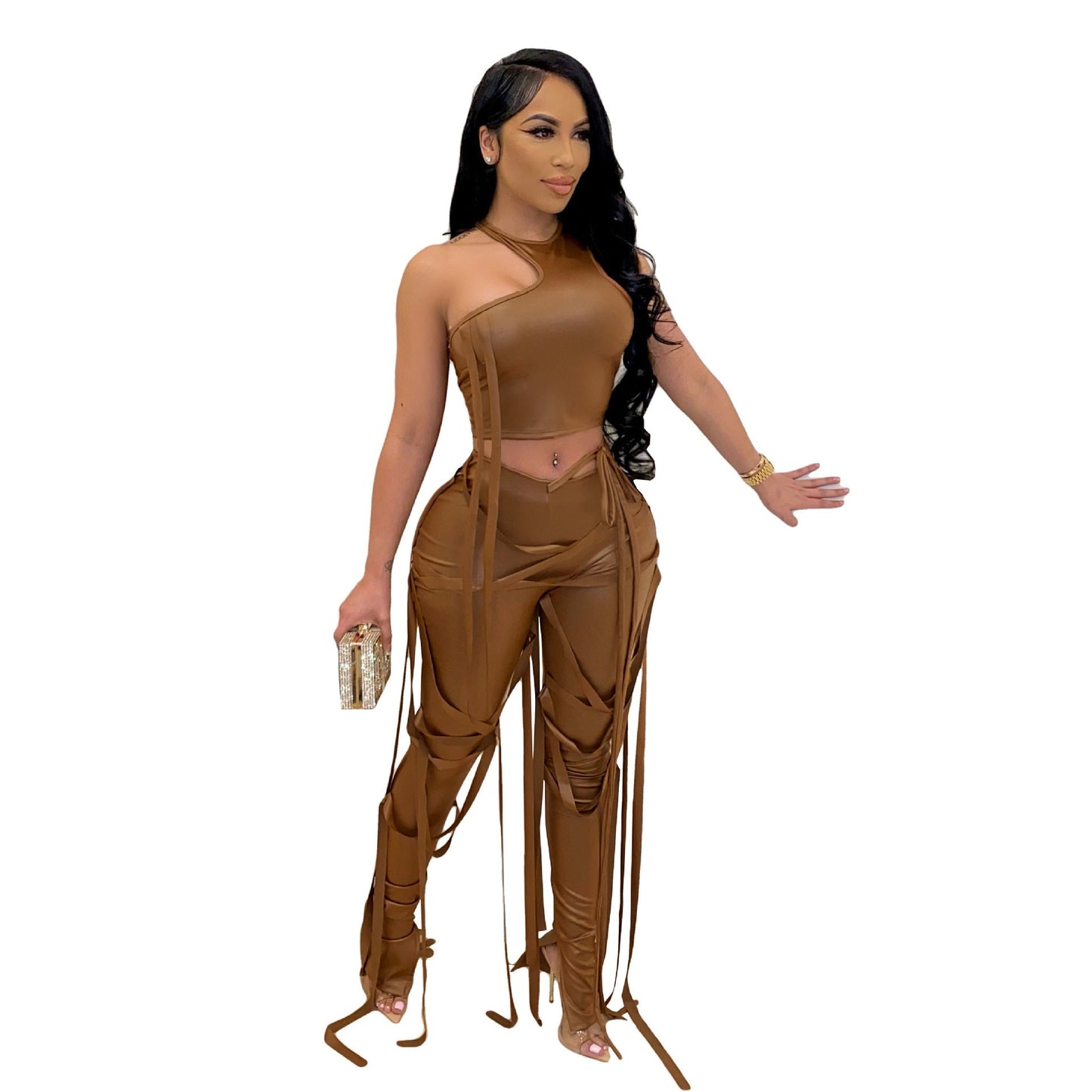Clothing Two Piece Suit Vest Strap Suit Faux Leather Pants Nightclub Summer