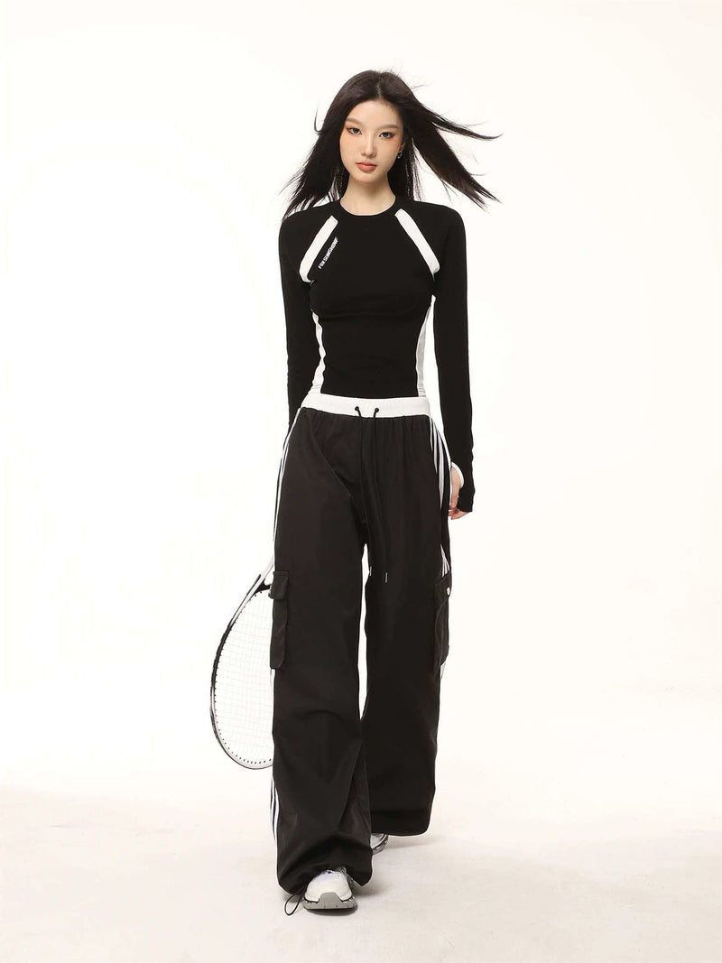 Contrast Color Regular Shoulder Long Sleeve T-shirt