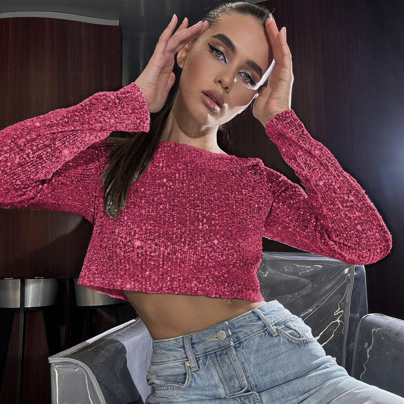 Spring Autumn Popular Long Sleeve Blouse Long Skirt Sequined Set