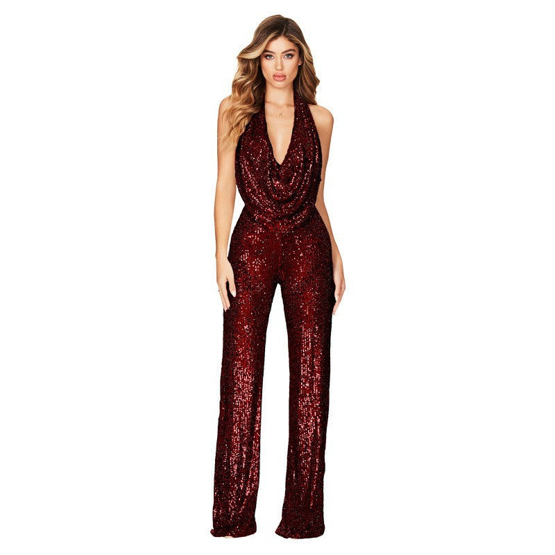Summer Jumpsuit Sleeveless Halter Sequined Jumpsuit