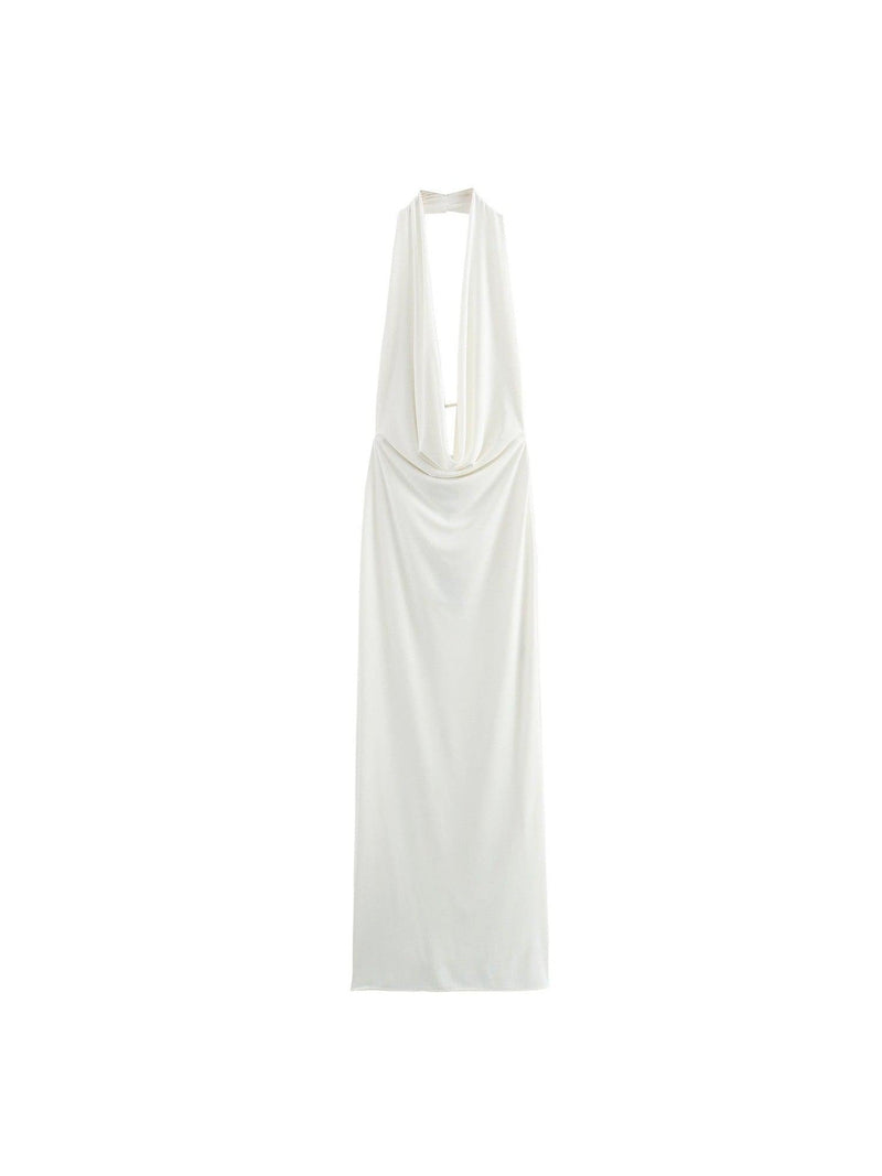 Backless Deep Neck Pleated Maxi Dress