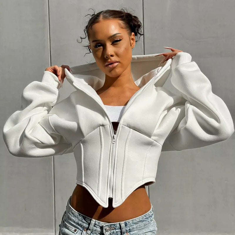Autumn Winter Zipper Long Sleeve Hooded Cardigan Cropped Coat Top