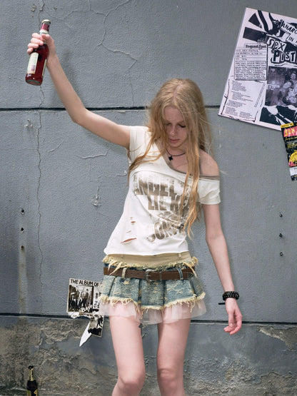 Cest Nous Layered Denim Mini Skirt - Distressed Patchwork Skirt With Belt