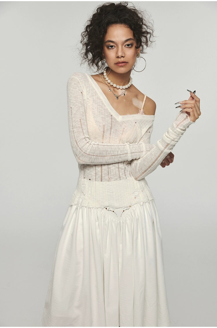 Hollow-out V-neck Thin Cardigan With Distressed Waist Knit Top