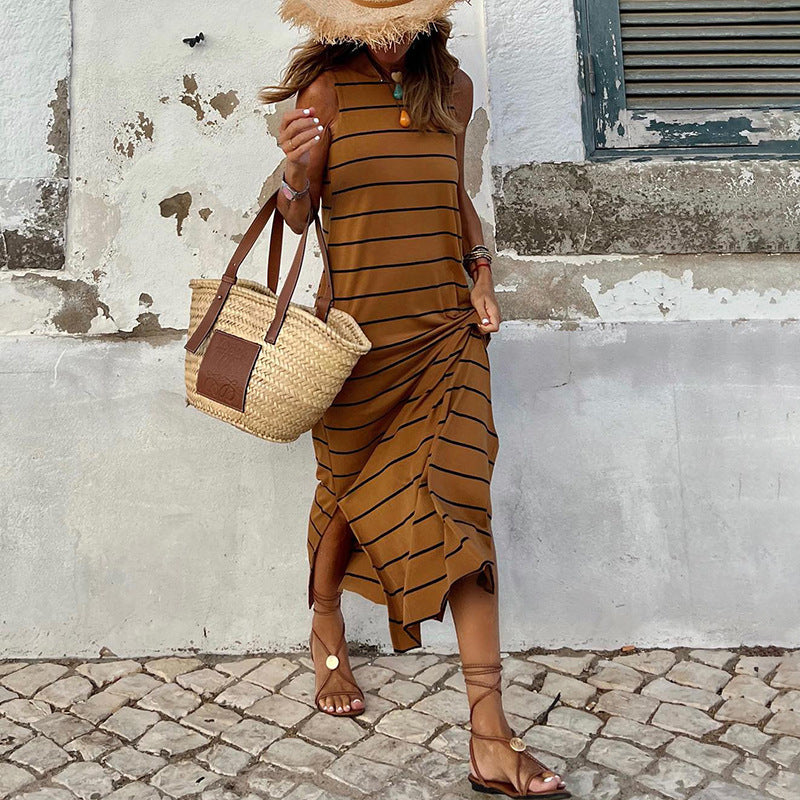 Summer Stripes Printed Vest Dress Round Neck Sleeveless High Waist Slim Low Collar Maxi Dress