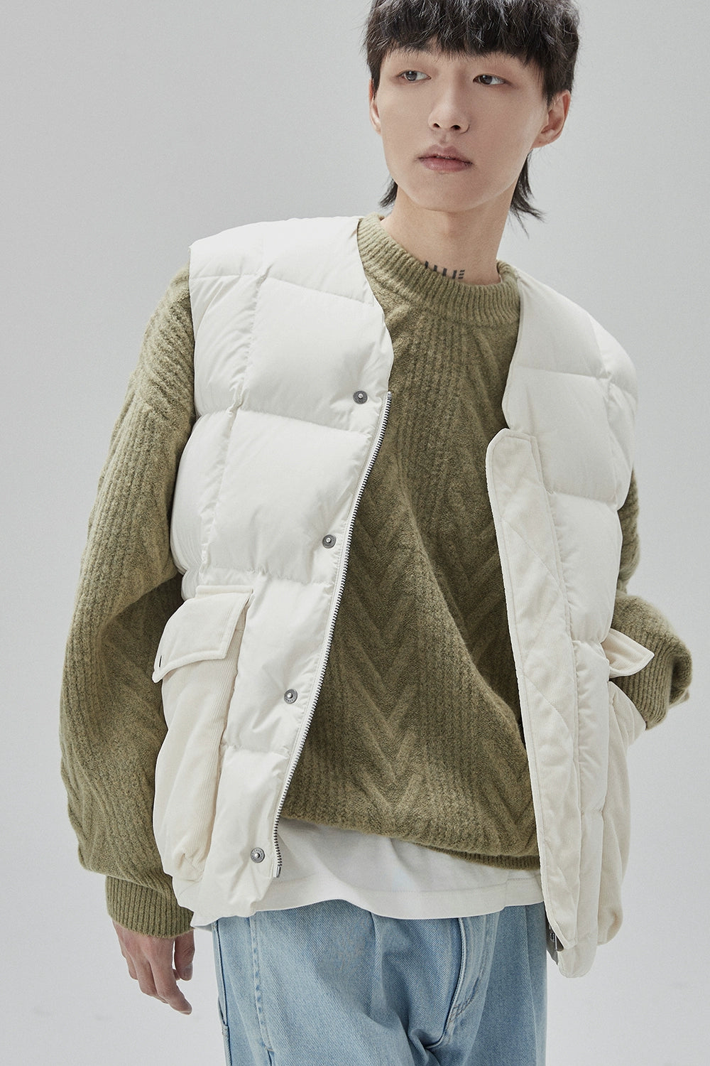 Cream Cable Knit Sweater With Chevron Pattern