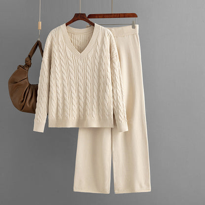 Fashionable Wide Leg Pants Sweaters Clothing Autumn Winter Two Piece Suit Twist V Neck Knitting Suit