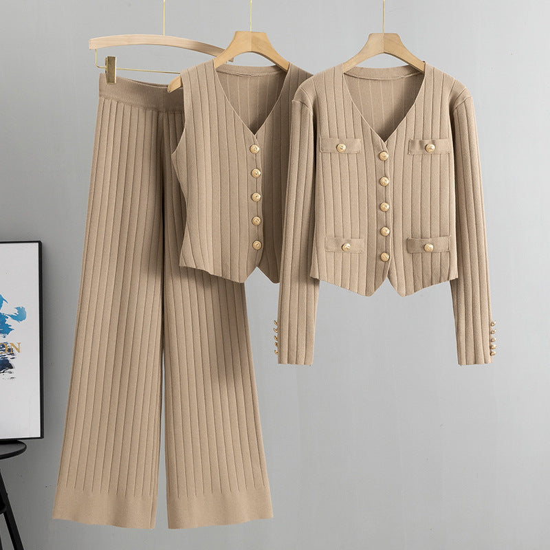 Korean Slim Fit Chanel Wide Leg Pants Sweater Three Piece Set Spring Autumn Vest Knitted Cardigan Suit